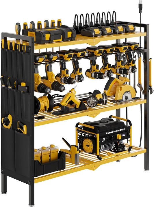 Large Power Tool Organizer Cart with Charging Station 8 Drill Holder Garage Storage Standing Heavy Duty and Stability Storage Rack Utility Tool Shelf (Yellow)