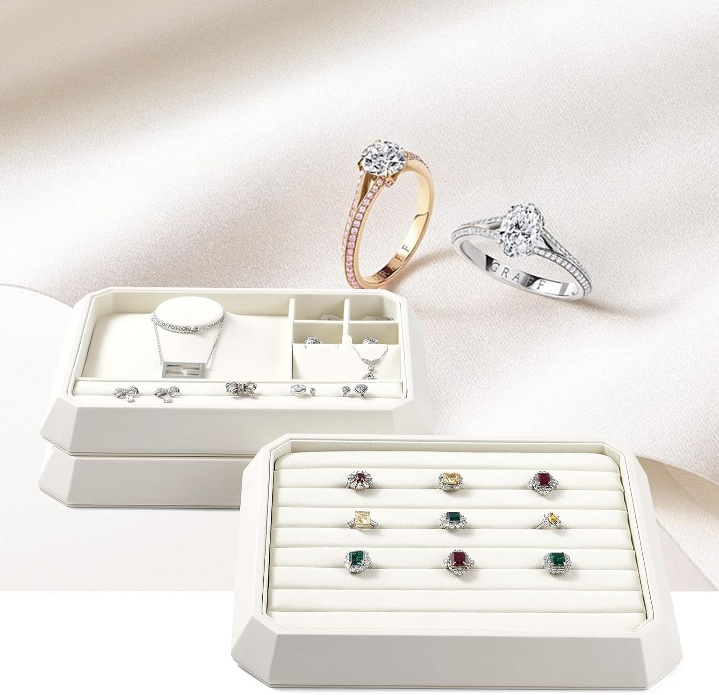 PU Leather Jewelry Display Tray Stackable Jewelry Tray Flat Organizer for Ring Necklace Trade showcase(Beige)