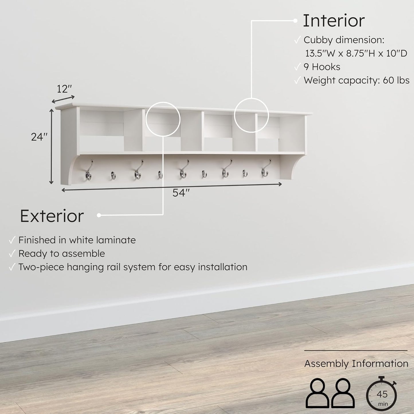 Prepac 60" Contemporary Wall Mounted Coat Rack, Coat Hooks Wall Mount with 4 Shelves, Ideal for Hallway or Entryway Storage Solution, 11.5"D x 60"W x 16.5"H, White