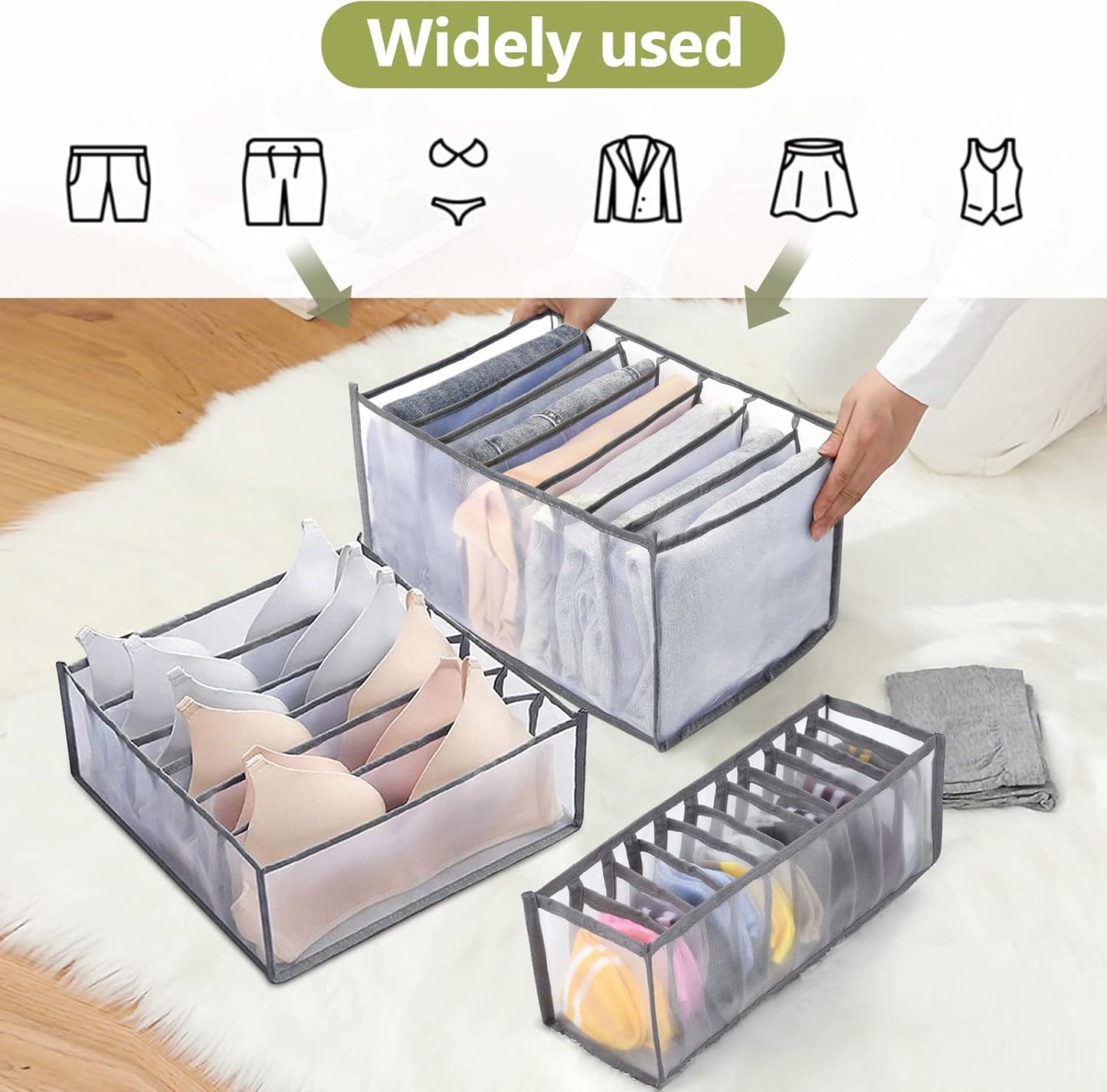 TOOVREN Drawer Organizers for Clothing 6PCS, Wardrobe Clothes Organizer, Dresser Drawer Organizer Clothes Jeans Storage Socks Underwear Organizer (Shirt+Jeans+T-Shirt+Bra+Underwear+Socks Grids, Gray)