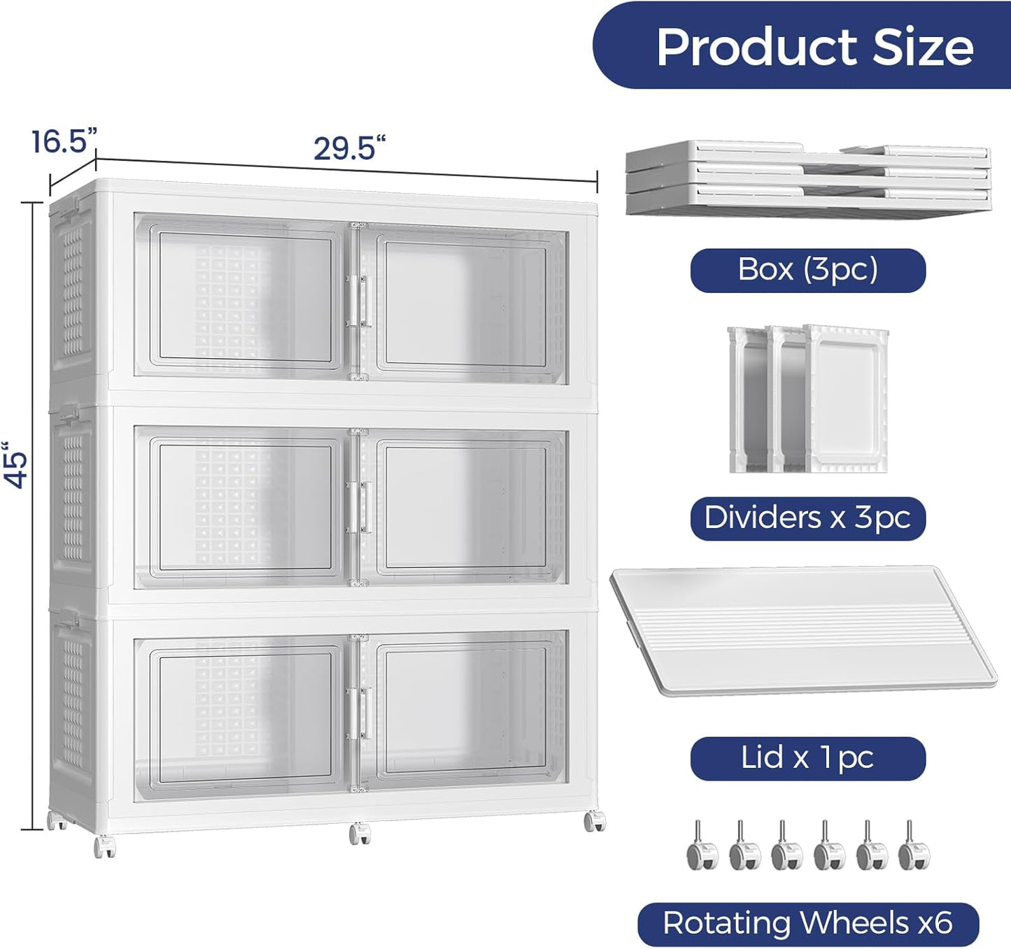 120GAL Extra Large Storage Bins with Lid, 480Qt Stackable Closet Organizers and Drawers, Collapsible Storage Bins with Wheels, Folding Containers for Home, Kitchen Office, 3Pack White