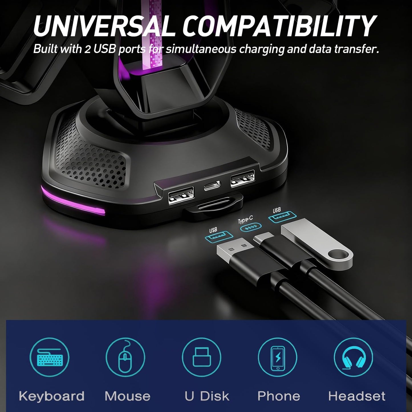 RGB Headset Stand with 9 Light Modes and 2 USB Charging Ports - Controller Holder for Desk - Headphone Stand & Detachable Controller Hook for PC Earphone Gaming Room Setup Accessories