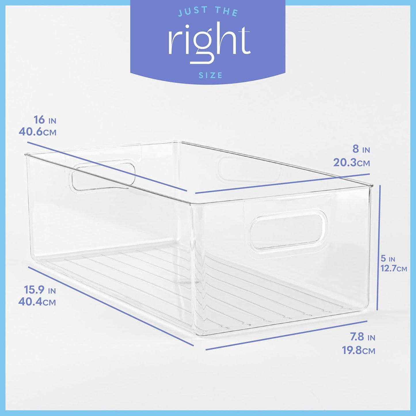 primebox Plastic Food Storage 2 Pack Clear Container Bin with Handles for Organizing Kitchen, Pantry, Refrigerator, Freezer, Pantry, Cabinet, Closet, Bathroom. 16”x8”x5”