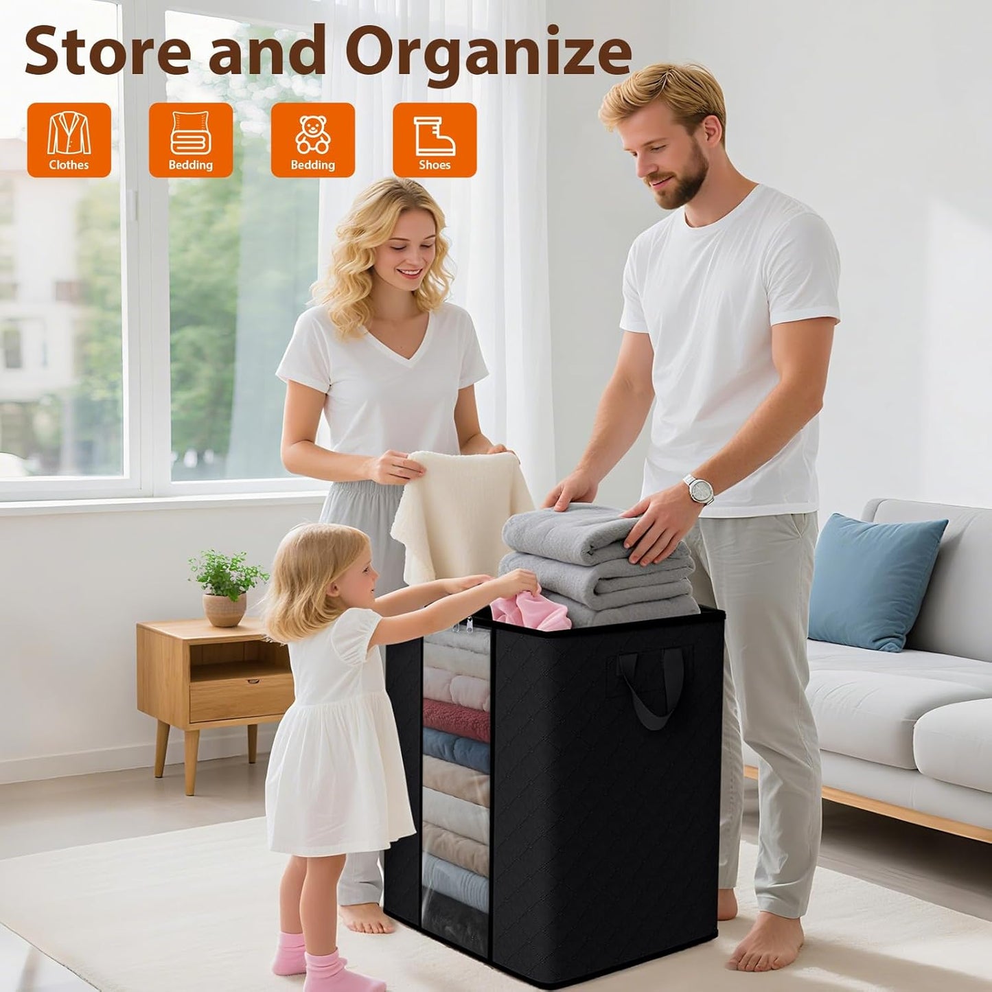 SpaceWhisper 3 Pack 100L Clothes Storage, Foldable Thick Fabric Blanket Storage Bags, Containers for Organizing Bedroom, Closet, Clothing, Comforter,Closet Organization with Handle,Black