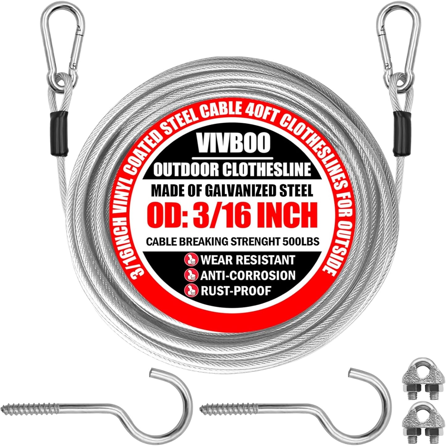 40ft Clothes Line Outdoors 3/16" Wire Ropes Silver PVC Coating Laundry Drying Clothesline with Metal Hooks and Snap Heavy Duty for Umbrella Travel Outside Camping Backyard