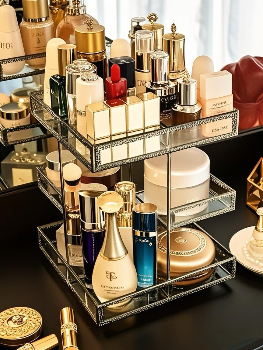 Vintage Glow Antique 360 Degree Rotating Makeup Organizer,4-Tier Spinning Perfume Tray,Countertop Cosmetic Storage ,Glass Beauty Display,Retro Large Capacity Vanity Organizer for Brushes Skincare