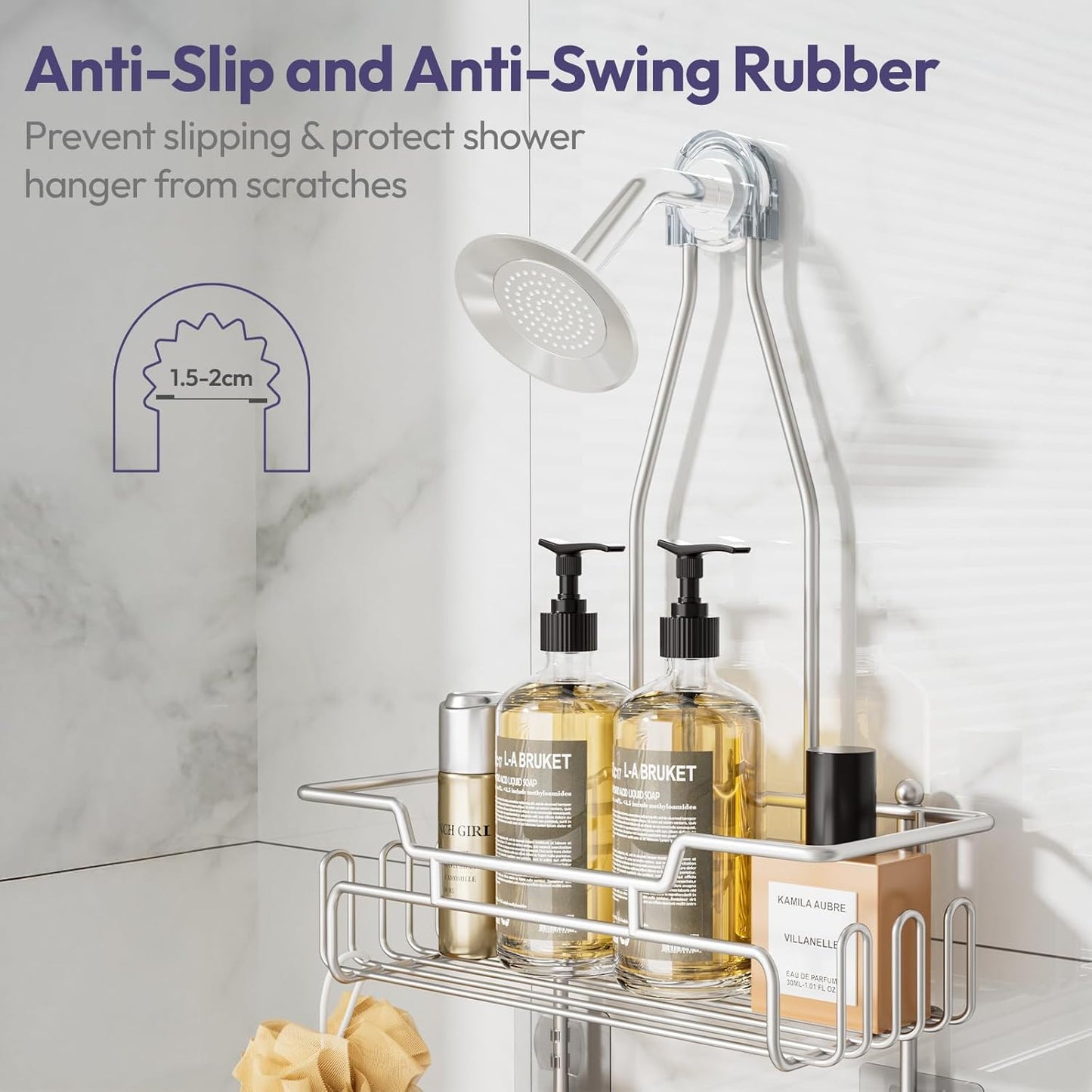 SWTYMIKI Bathroom Shower Caddy Hanging - 3 Tier Rustproof Over Shower Head Organizer, No Drilling Bathroom Shelf with 16 Hooks & Soap Holder, Anti-Swing Rack, Sand Nickel, Medium