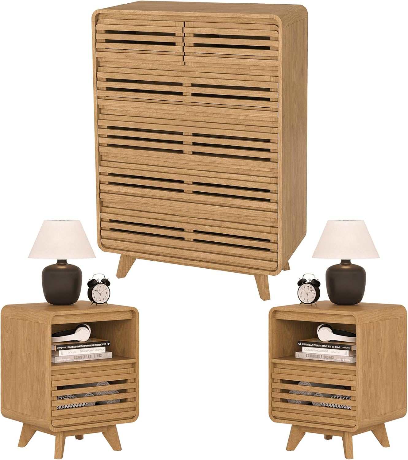 Tall Dresser and Nightstand Sets for Bedroom, 3 Piece Bedroom Set, Fluted 6 Drawer Dresser and Nightstand Set of 2, Wood Chest of Drawers Storage Organizer Cabinet Set, Natural Oak