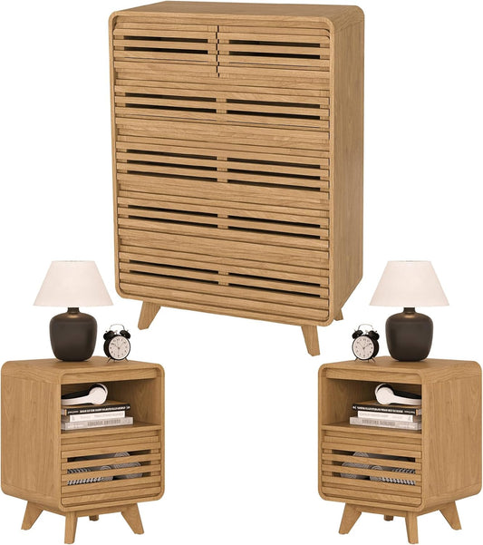 Tall Dresser and Nightstand Sets for Bedroom, 3 Piece Bedroom Set, Fluted 6 Drawer Dresser and Nightstand Set of 2, Wood Chest of Drawers Storage Organizer Cabinet Set, Natural Oak