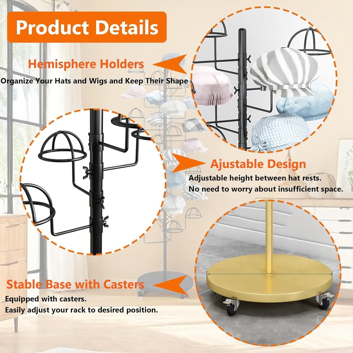 Gold Hat Display Stand, Commercial Hat Rack with 30 Hooks & Wheels, Freestanding Metal Cap Organizer for Retail Store, Home, 69 inch
