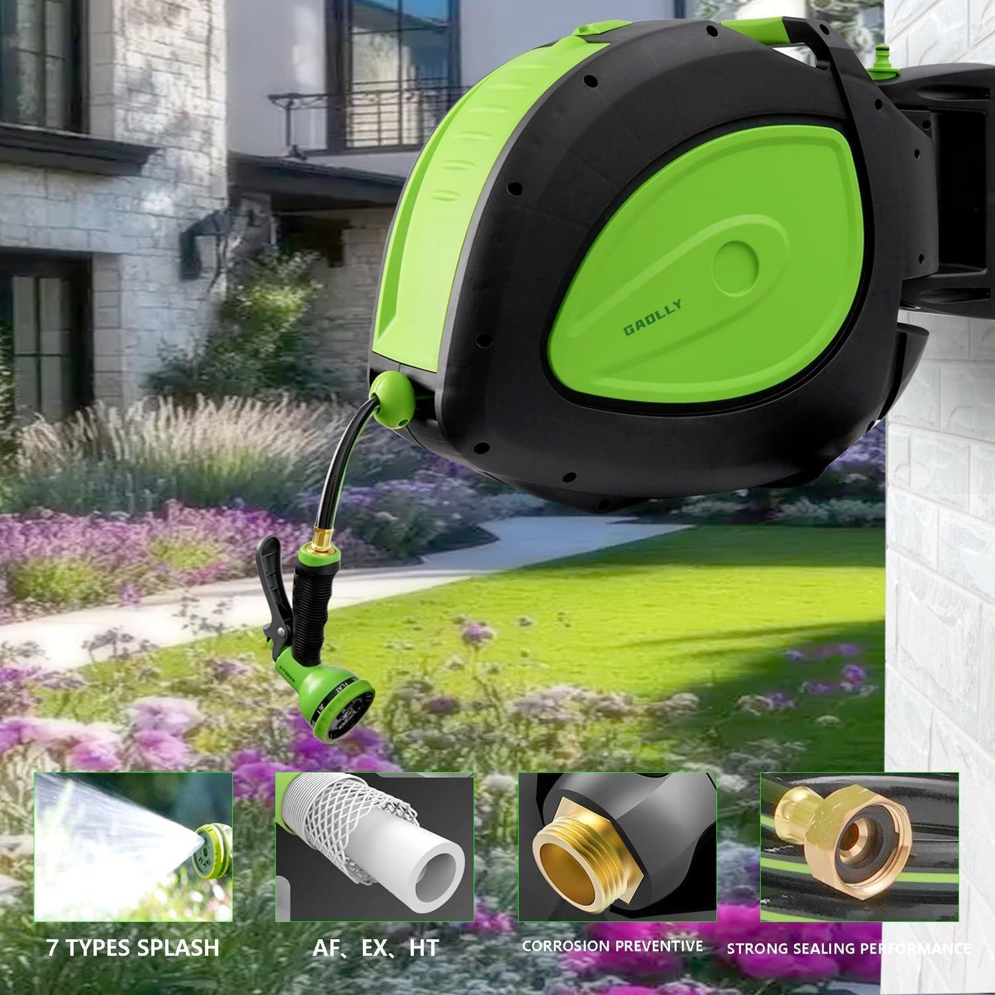 Garden Hose Reel 1/2 Inch x 100 ft, Any Length Lock,Super Heavy Duty,Slow Return System, Wall Mounted and 180 Deg Swivel Bracket, Two Sprays
