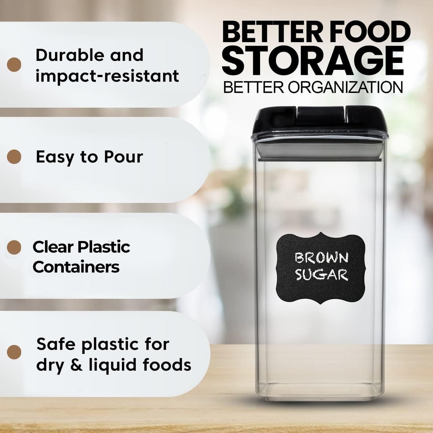 Shazo Airtight Food Storage Containers with Lids - 6 PC BPA Free Clear Plastic Cereal Containers with Easy Lock Lids for Kitchen and Pantry Organization for Snacks and Pasta - 1.2L
