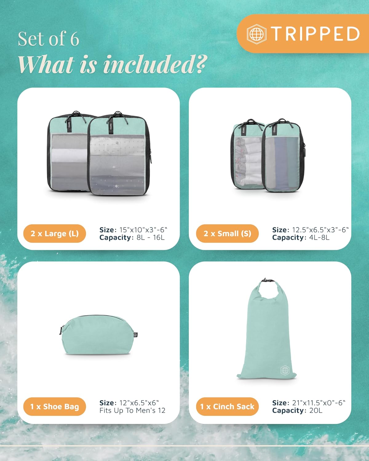 Compression Packing Cubes for Travel by TRIPPED – 6-Piece Premium Set with Laundry & Shoe Bag, Space Saving Travel Organizer Bags for Suitcase & Carry-On Luggage (Dusty Teal Mesh)