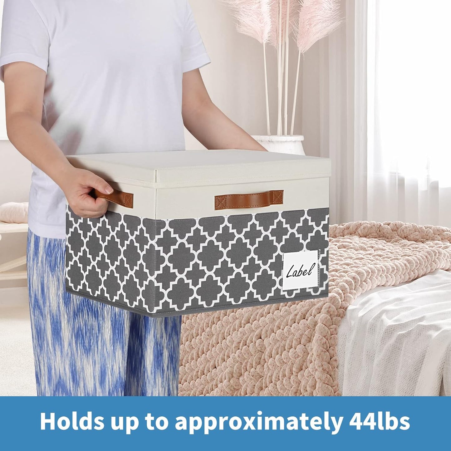 GhvyenntteS Large Fabric Storage Bins with Lids (3 Pack), Foldable Decorative Storage Boxes with Lids and 3 Handles, Sturdy Storage Baskets with Label Window for Home Office (White&Lattice Grey)