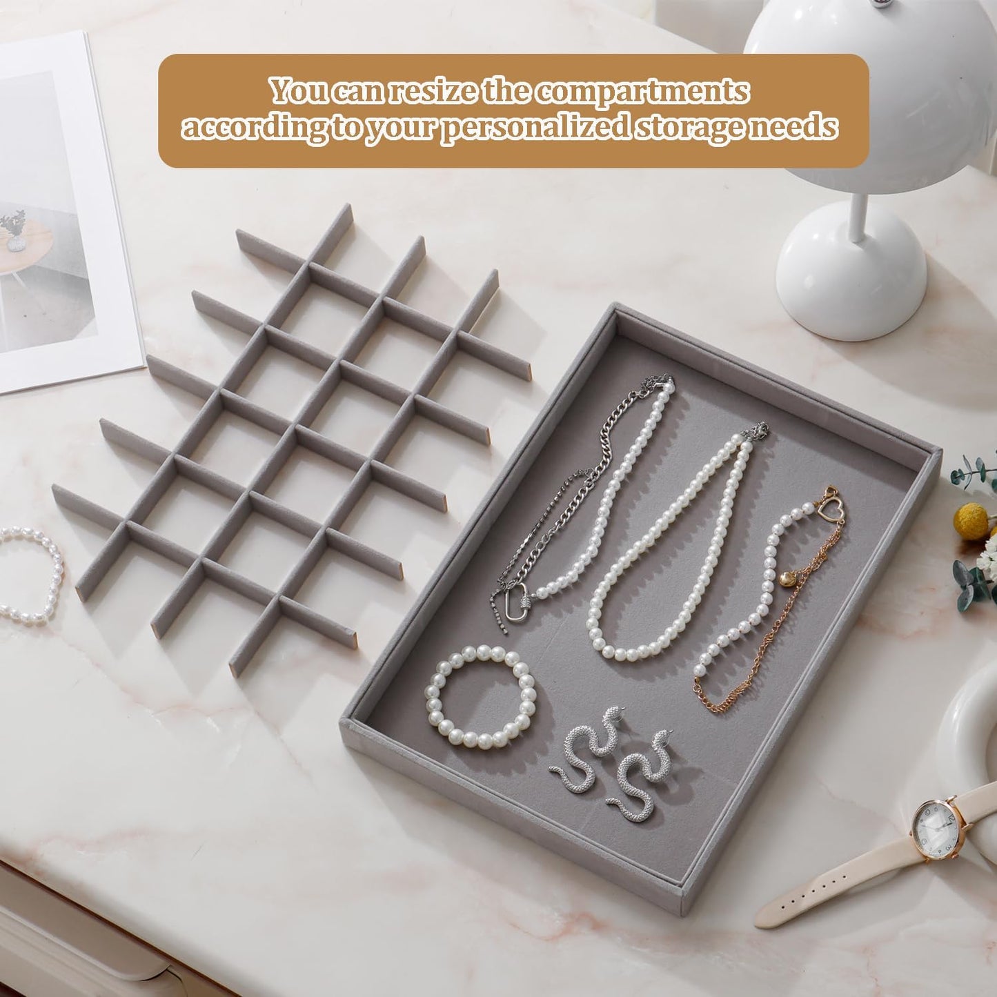 Large Velvet Jewelry Tray 2 Pack Stackable Jewelry Display Drawer Inserts Trays Organizer for Earring Bracelet Necklace Ring (Gray, 24 Grids)