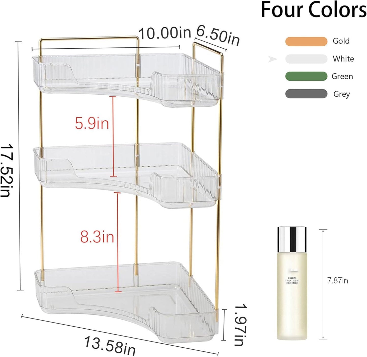 YCIA&DONE Corner Bathroom Counter Organizer, Makeup Organizer for Vanity, Skincare Cosmetic Perfume Tray, Corner Countertop Shelf Rack Storage for Bathroom Kitchen 3 Tiers (Clear White)