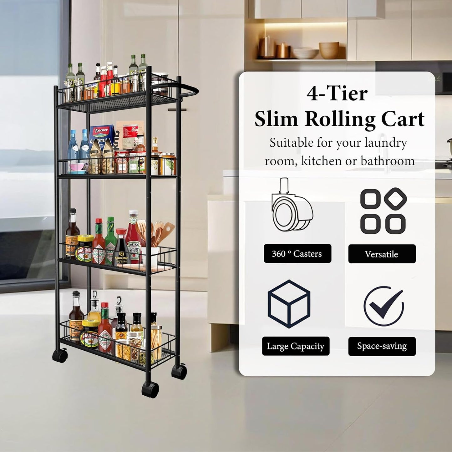 Utility Slim Storage Cart, 4-Tier Storage Cart, Narrow Cart with Handle, 7.1 Inches Deep, Metal Frame, for Kitchen, Dining Room, Living Room, Home Office, Rustic Brown and Classic (4 Tier Black)