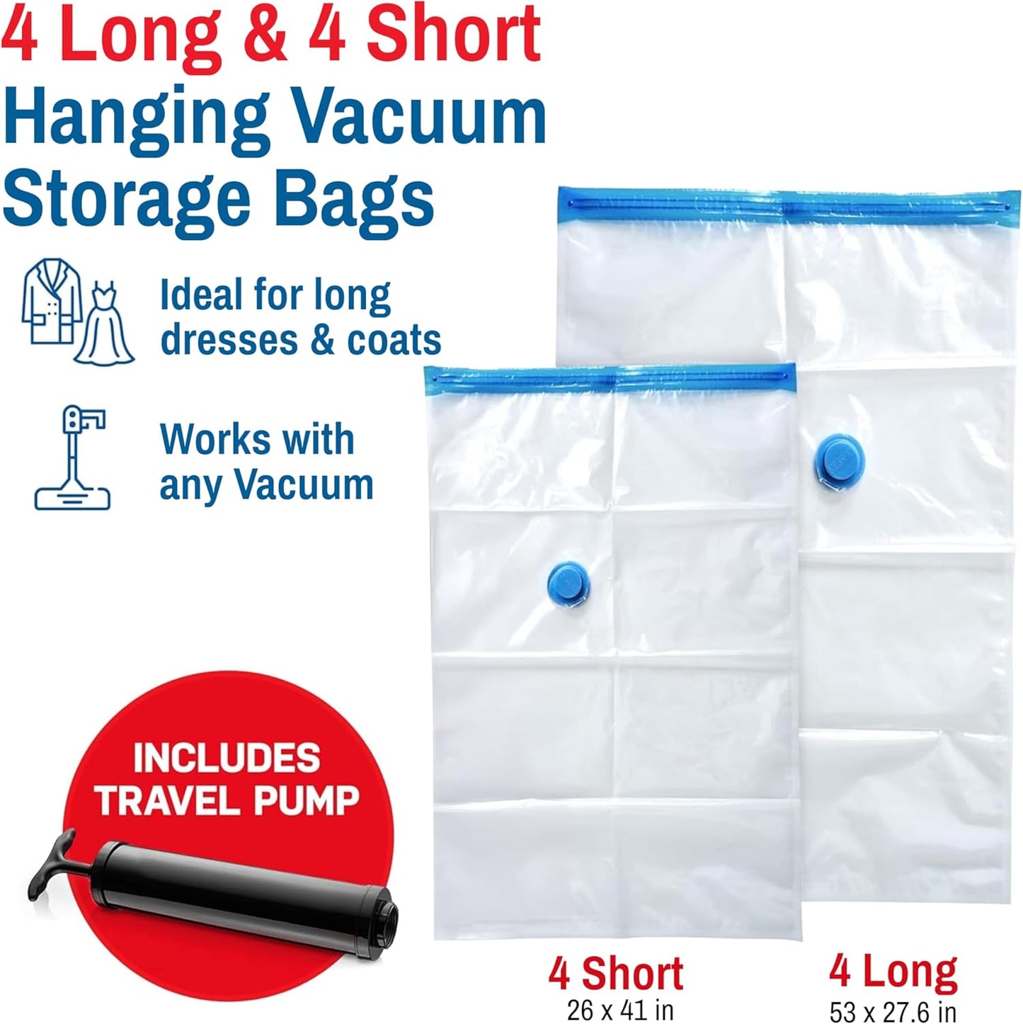 Hanging Vacuum Storage Bags for Clothes & Coats – 8 Pack (4 Small & 4 Large) Vacuum Seal Garment Bags for Hanging Storage – Space Saving Compression Bags for Clothing, Jackets – Transparent