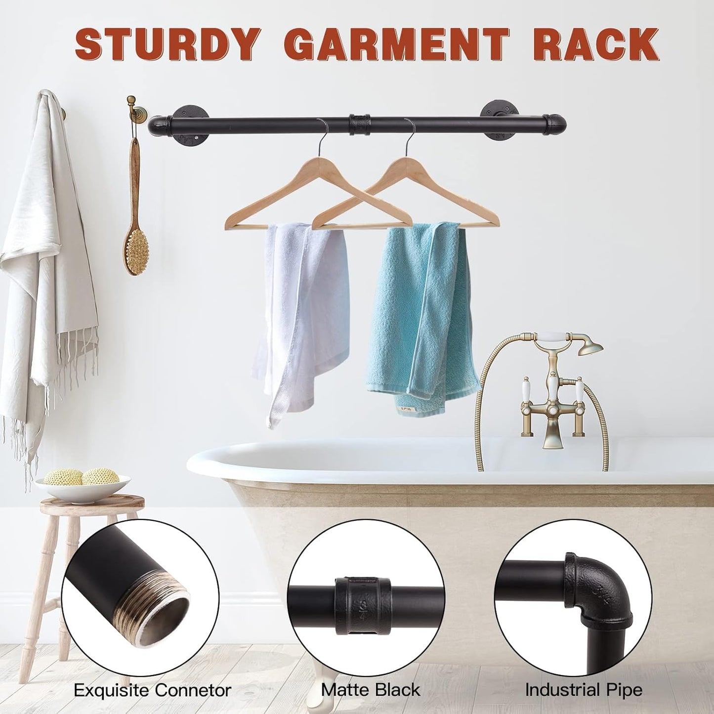 Wall Mounted Clothes Rack - 54"Industrial Pipe Clothing Garment Rack, Space - Saving Heavy Duty Detachable Black Iron Clothes Hanger Pole, Multi-Purpose Hanging Rod for Closet Storage, 2 Base