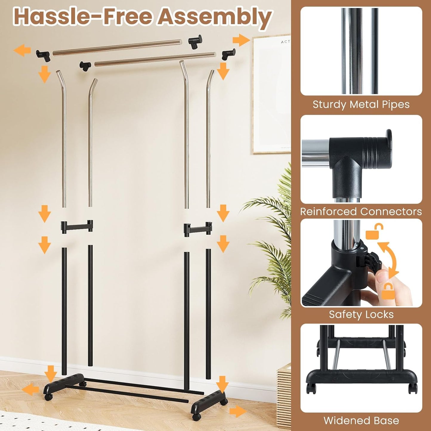 COSTWAY Double Rod Clothing Rack, Rolling Garment Rack with Shelf, Wheels, Adjustable Height Heavy Duty Metal Clothes Racks for Hanging Clothes for Dressing Room, Laundry, Living Room