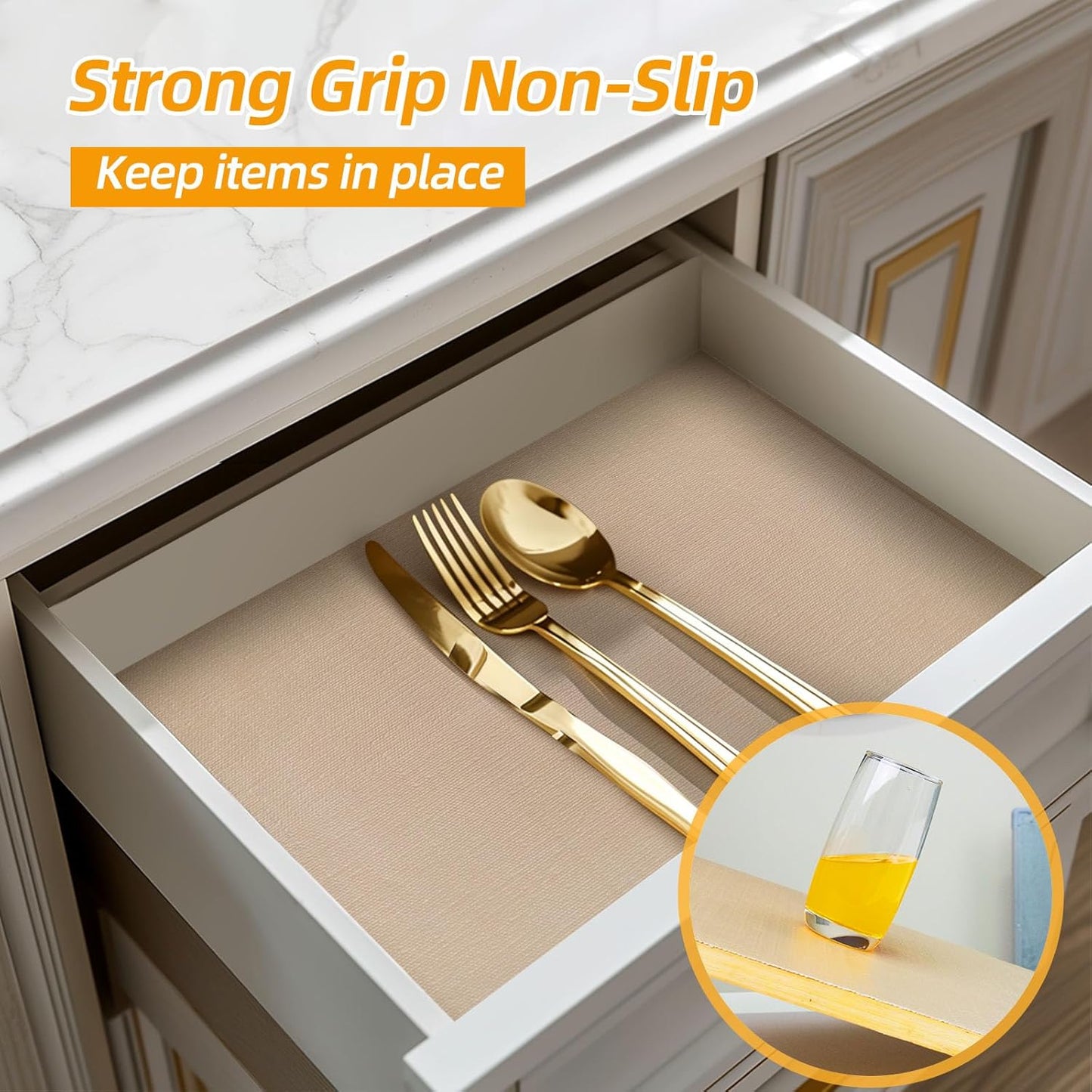 Shelf and Drawer Liner for Kitchen Cabinets Non-Adhesive, Strong Grip Non-Slip Thickened Cabinet Liners for Shelves, Waterproof Mats for Dresser Cupboard, Khaki, 23 in x 30 Feet