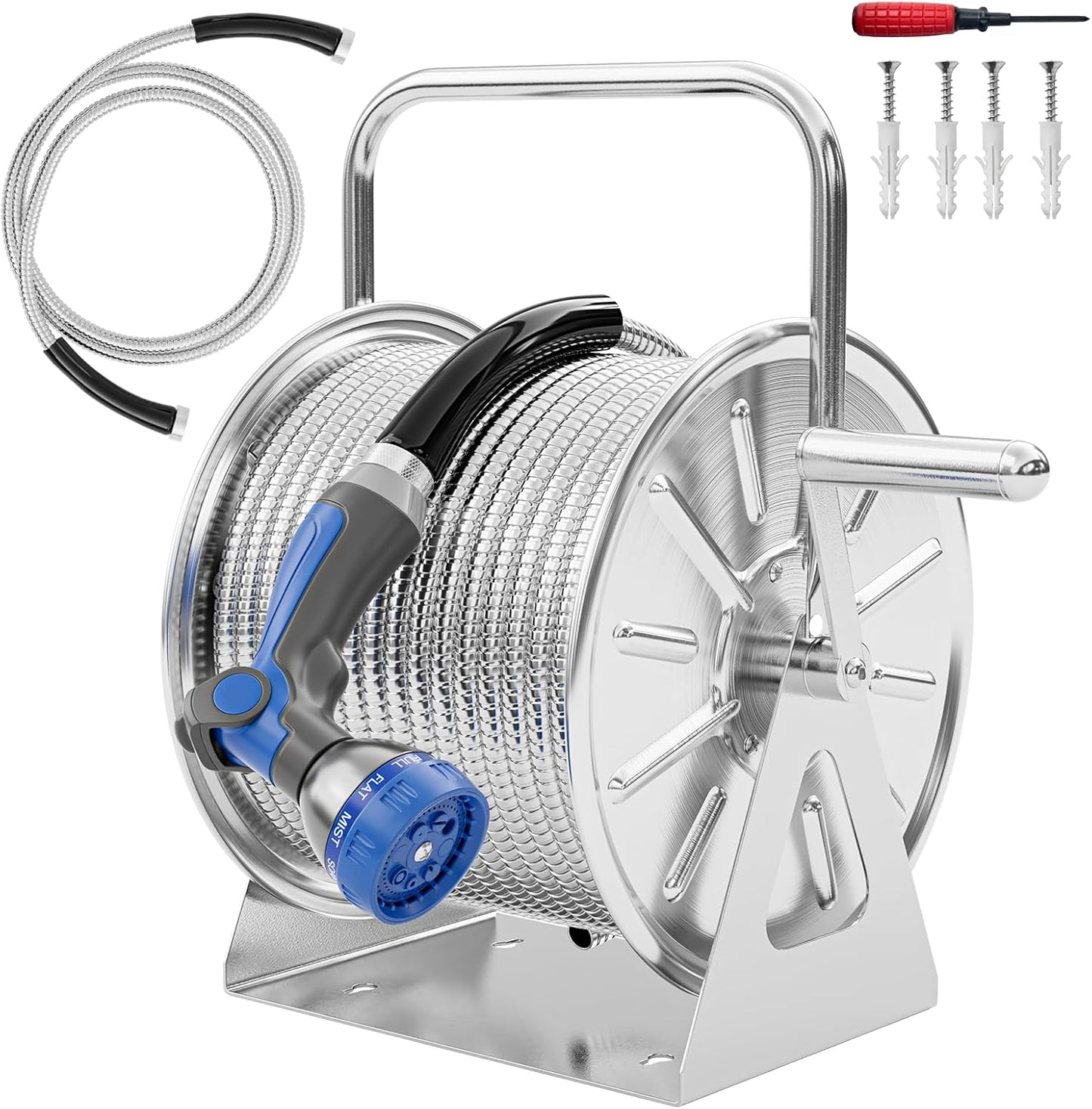 SPECILITE Stainless Steel Garden Hose Reel with 100FT Drinking Water Hose and 6.2FT Leader Pipe, Wall/Floor Mounted Metal Spool with Crank Handle, UV Resistant for Outside, Yard, Patio
