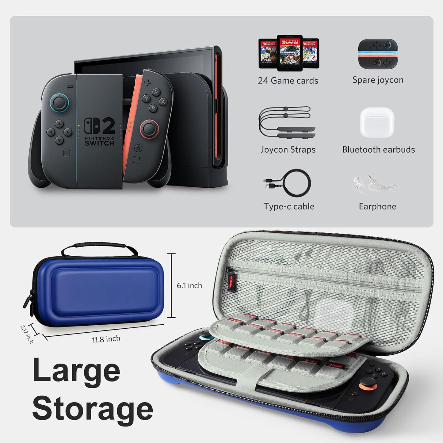 CoBak Large Capacity Carrying Case for Nintendo Switch 2 (2025) - 3 in 1 Accessories Bundle with 2 Screen Protectors, Thumb Grip Caps, 24 Game Cartridges, Hard Shell Portable Travel Pouch, Blue