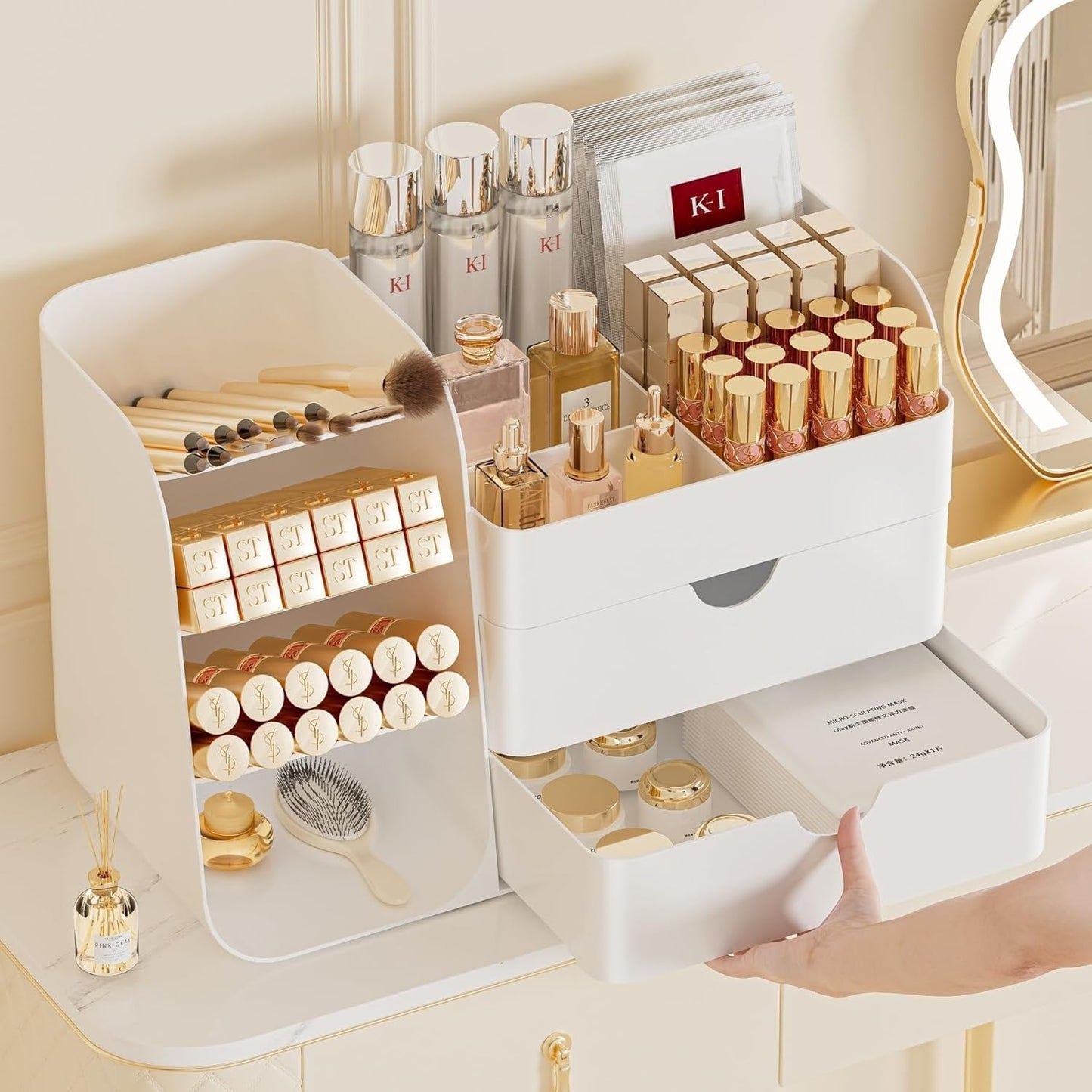 Makeup Organizer with Drawers,Large Capacity Countertop Organizer for Vanity,Bathroom and Bedroom Desk Cosmetics Organizer,Easy To Storage Skincare,Brushes, Eyeshadow,Lipstick (All Green, Large)
