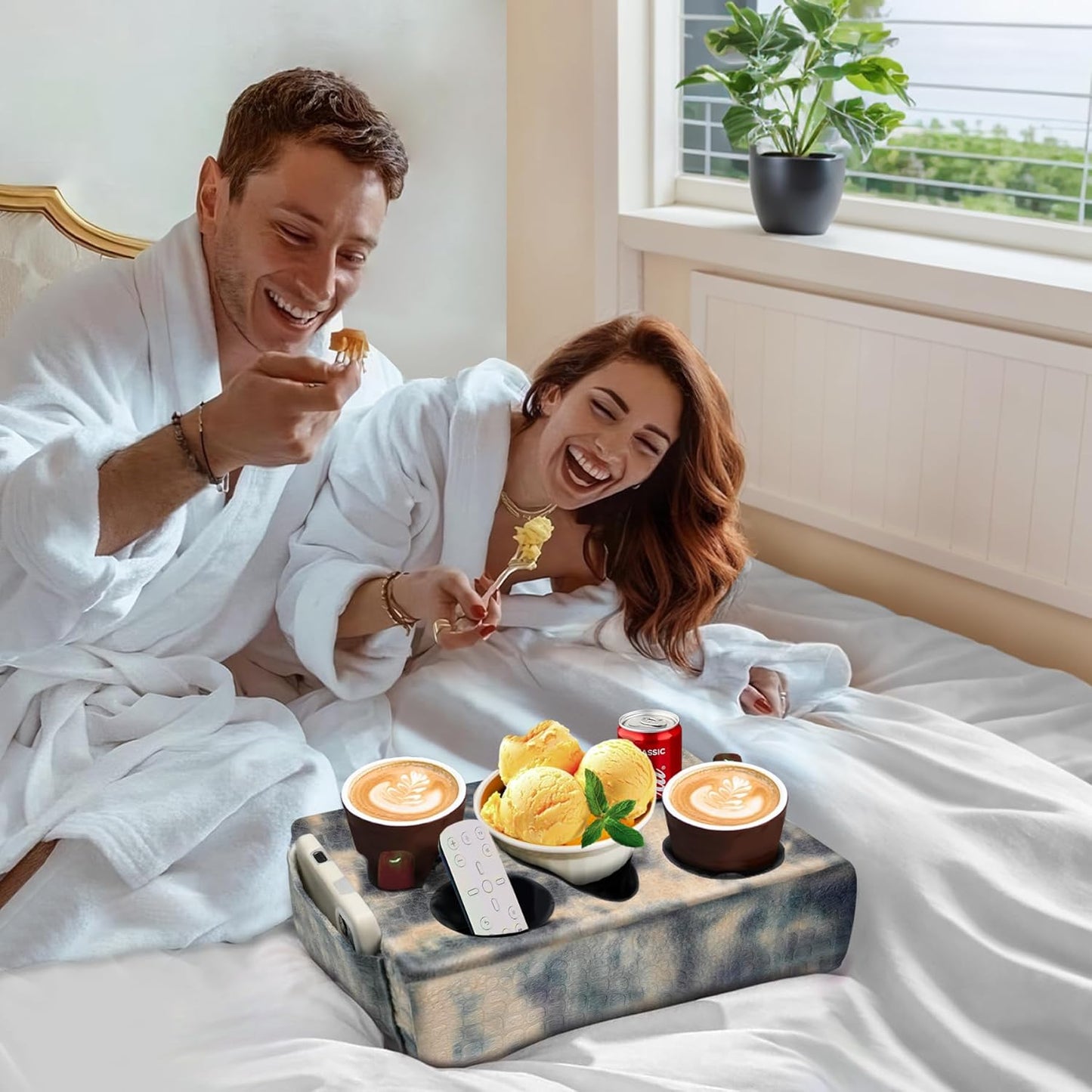 Couch Cup Holder Pillow, 5 Hole Couch Drink Holder! Keep Drinks Hand Side and Keep Temp, Prevent Spills and Use Anywhere. Cup Holder for Couch, Bed, Camping, RV, Car, Beach. Beige Gray