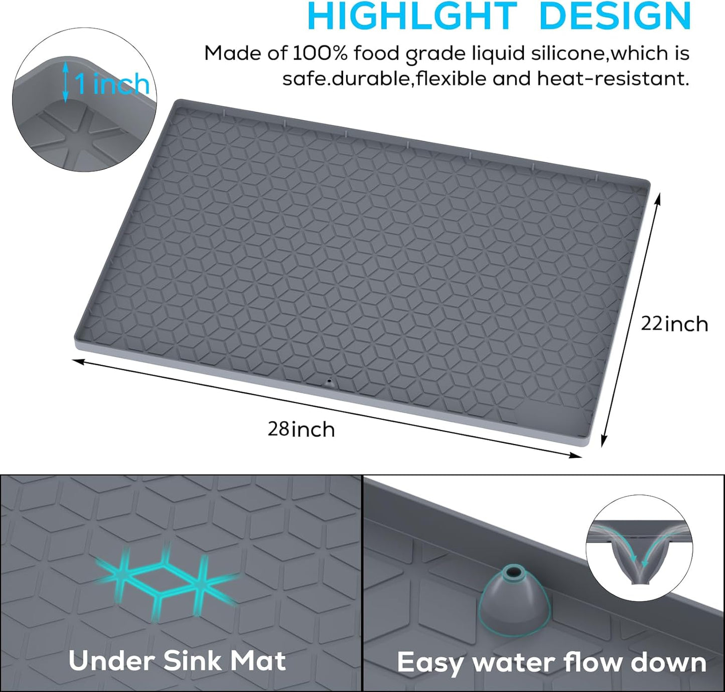 Under Sink Mat, 28"x22" Under Sink Mats for Kitchen, Silicone Waterproof Under Sink Liner, Sink Cabinet Organizer Tray with Drain Hole