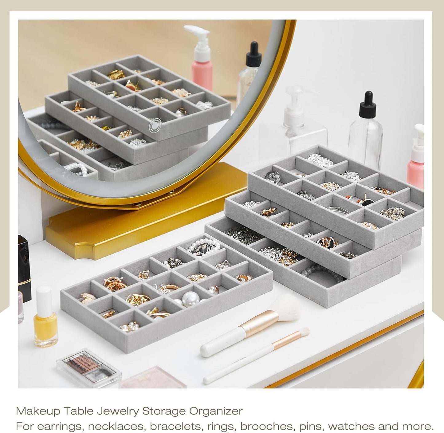 Junkin 12 Pcs Jewelry Tray Velvet Stackable Jewelry Organizer Trays Divided Earring Accessories Storage Containers Box (Rose Red)