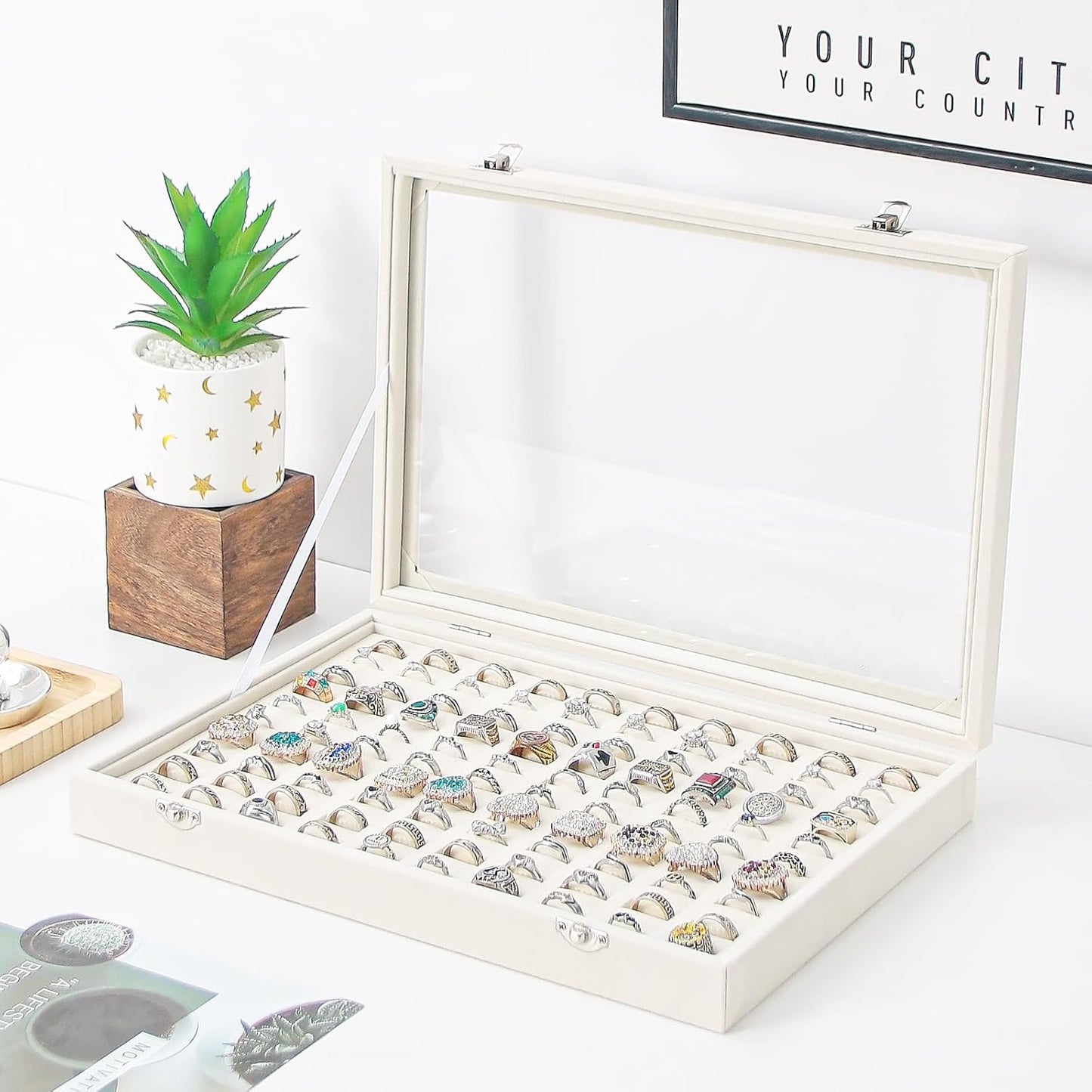 Coward Ring Organizer Jewelry Box, Beige Velvet 100 Slots Ring Display Tray Case with Transparent Glass Lid for Home Use or Store Selling Show