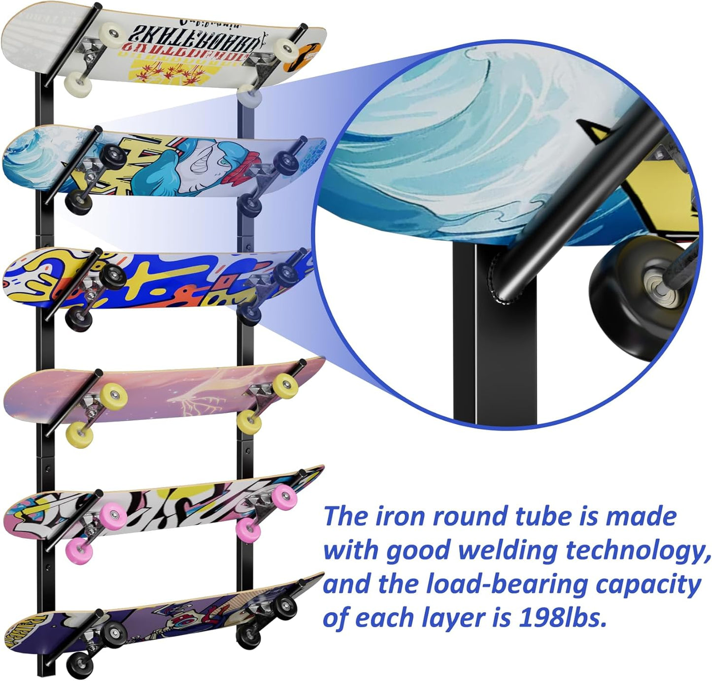 Skateboard Wall Mount, Skate Board Wall Display Hanger Rack, Snowboard Wall Mount Ski Holder,Deck Wall Longboard Rack Storage(6-layers)