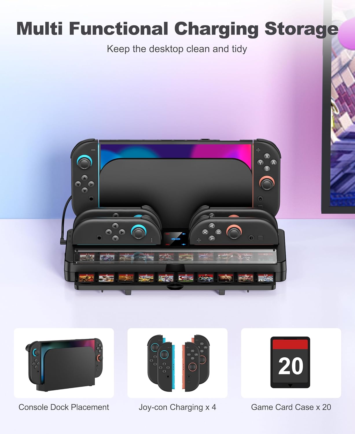 25 Slots Switch 2 Charging Organizer Joycon 2 Controller Storage Compatible with Nintendo 2 Accessories w Extended USB C Cable & LED Indicator (S-Charging Organizer)