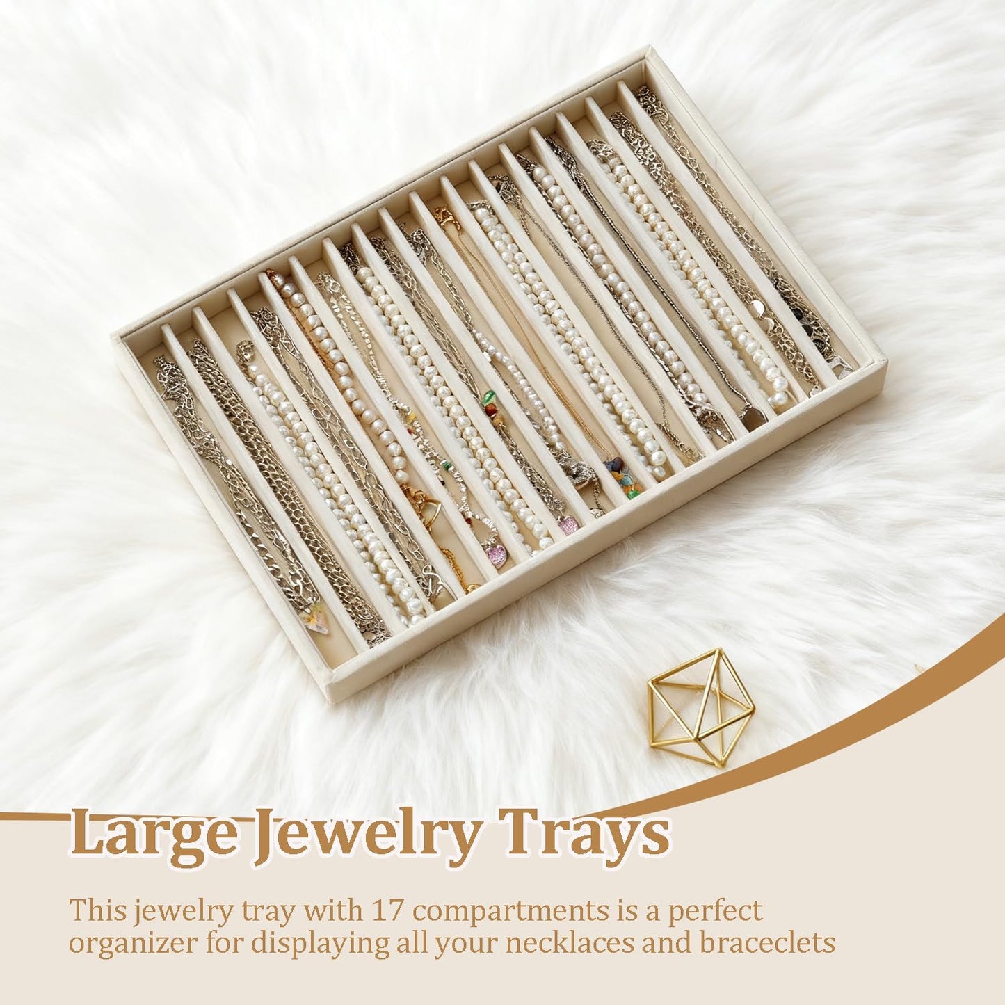 Large Jewelry Organizer for Drawer Insert Velvet Stackable Jewelry Trays for Earring Necklace Bracelet Ring Display (Beige, 16 Grids)