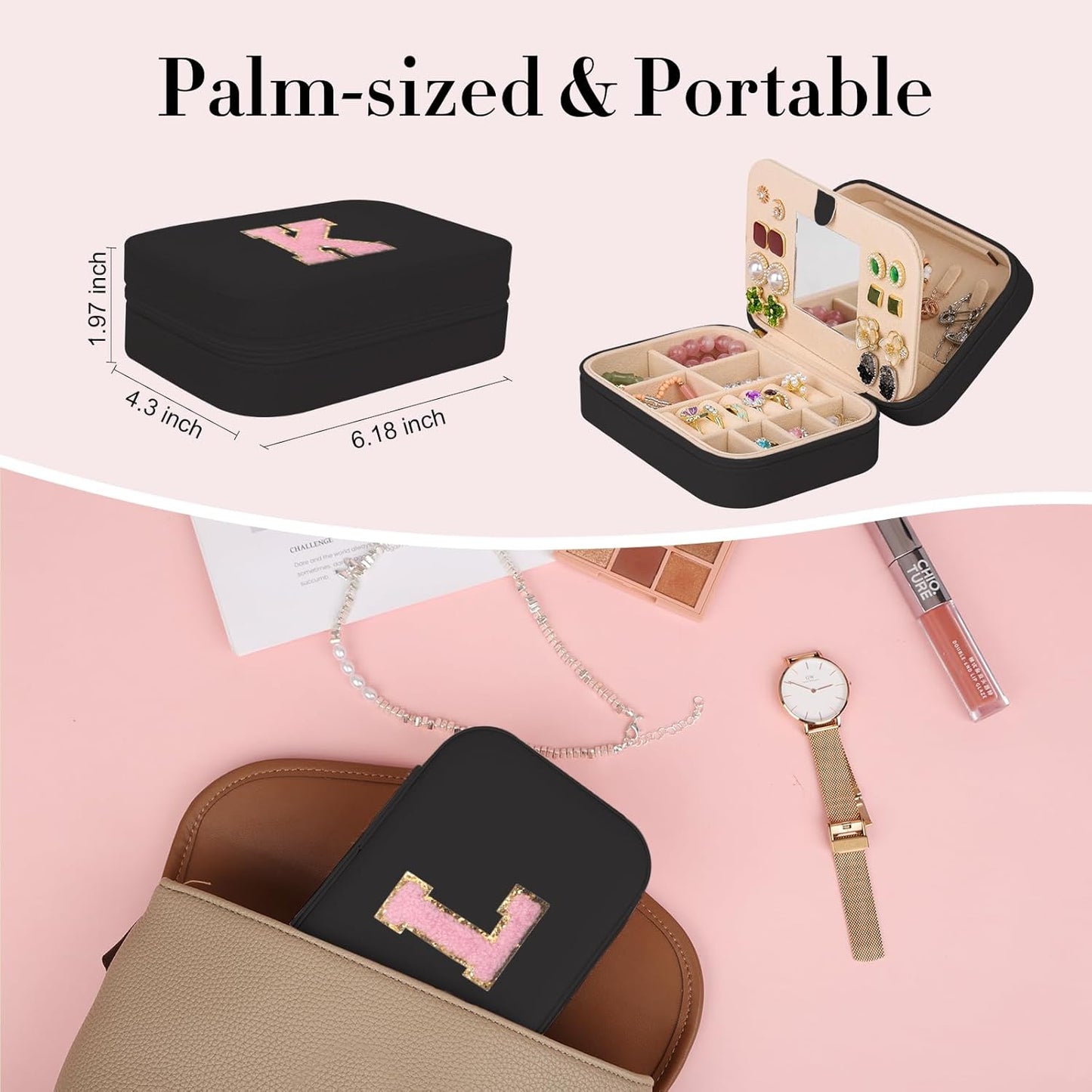 TopPerfekt Travel Jewelry Case, Jewelry Box with Mirror, Jewelry Organizer Bridal Shower Gifts to Her, Earring Storage Travel Case, Trendy Gift for Women and Girls, Girlfriend-Letter L, Black