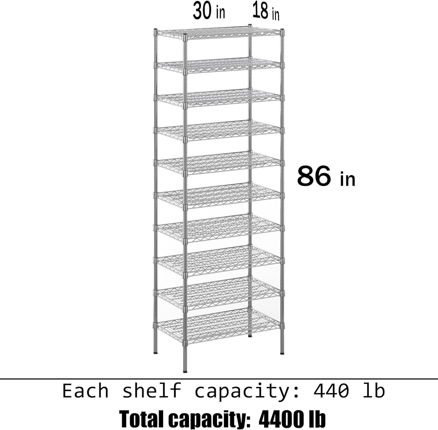 18" Deep x 30" Wide x 86" Height Wire Shelving Kit | 10-Tier | NSF Commercial Storage Rack Unit