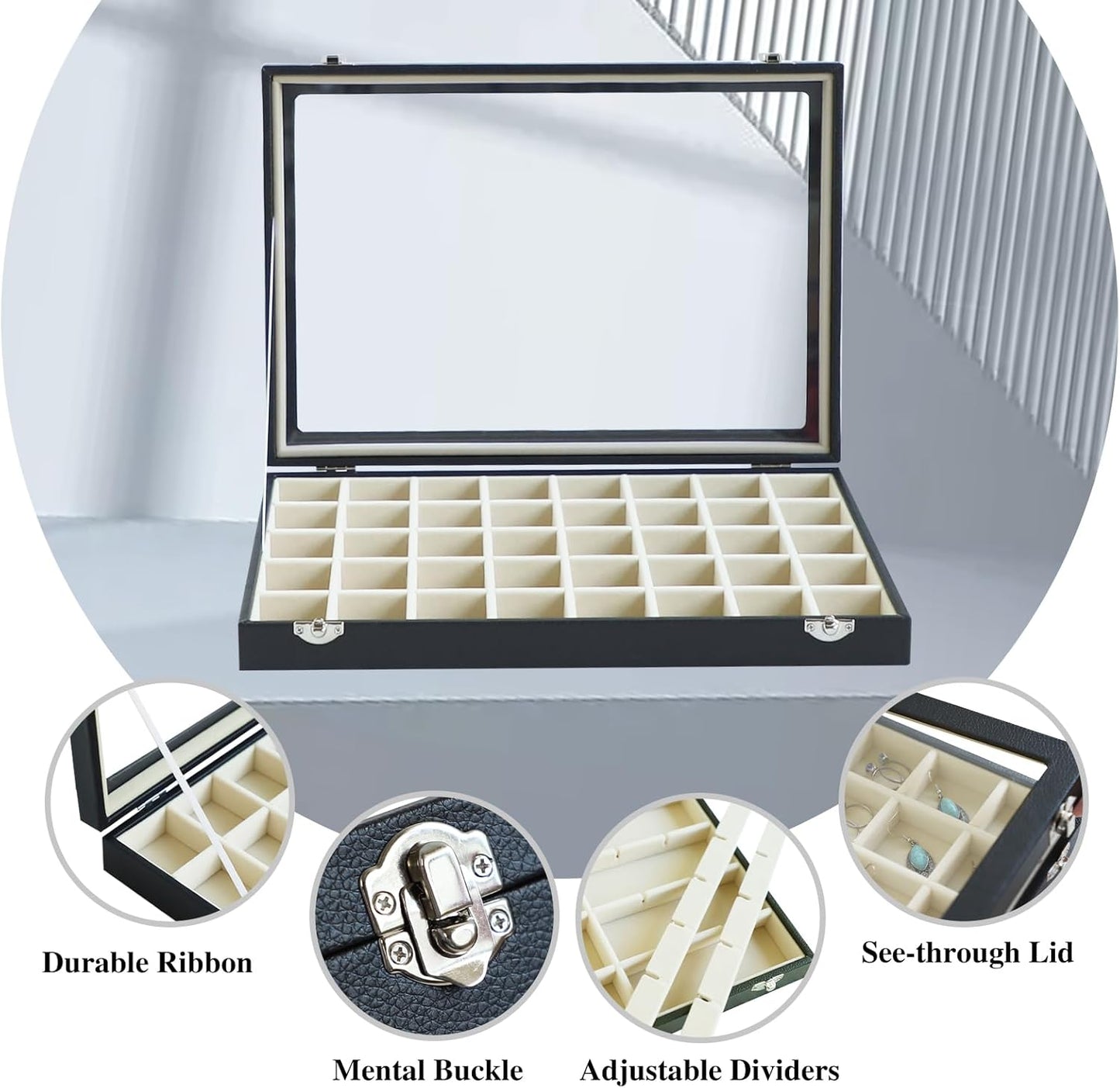 Stratalife Jewelry Organizer 40 Grid Beige Black Jewelry Tray with Clear Dust-proof Lid Velvet Earring Organizer Necklace Rings Holder Display Drawer Storage Case for Women