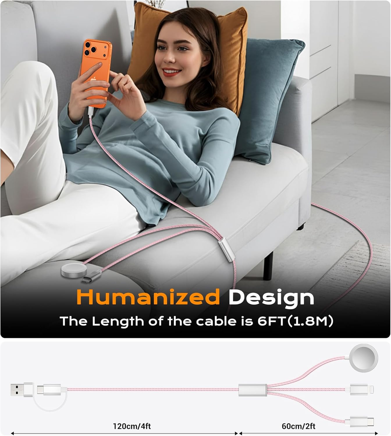 Temdan for Travel Vacation Essentials,3 in 2 USB C Cable for Apple Watch Charger/iPhone 17 Charger/Lightning,Multi Charging Cable Cord,Camping Essentials,Designed for iWatch &iPhone 16-12-6FT Pink