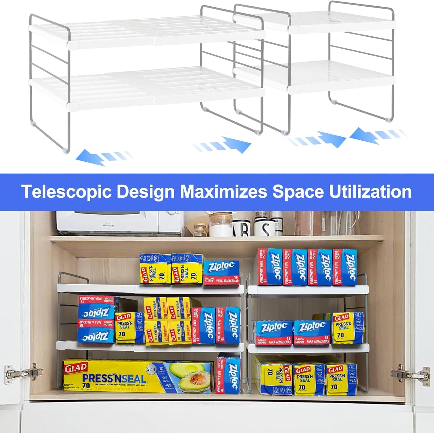 Pantry Organizers and Storage,3 Tiers Expandable Foil and Plastic Wrap Organizer, Adjustable Kitchen Cabinet Shelf Organizer, Shelves Storage Rack for Cabinet Countertop (9.8" To 15.6"L) 2PCS