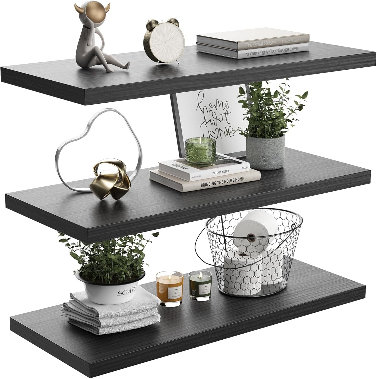 Wall Shelf Set of 3,Dark Wood Floating Shelves 30 in W x 10 in D x 1 in H, Wooden Floating Wall Shelf with Invisible Brackets for Living Room/Bedroom/Bathroom/Kitchen Storage and Decor