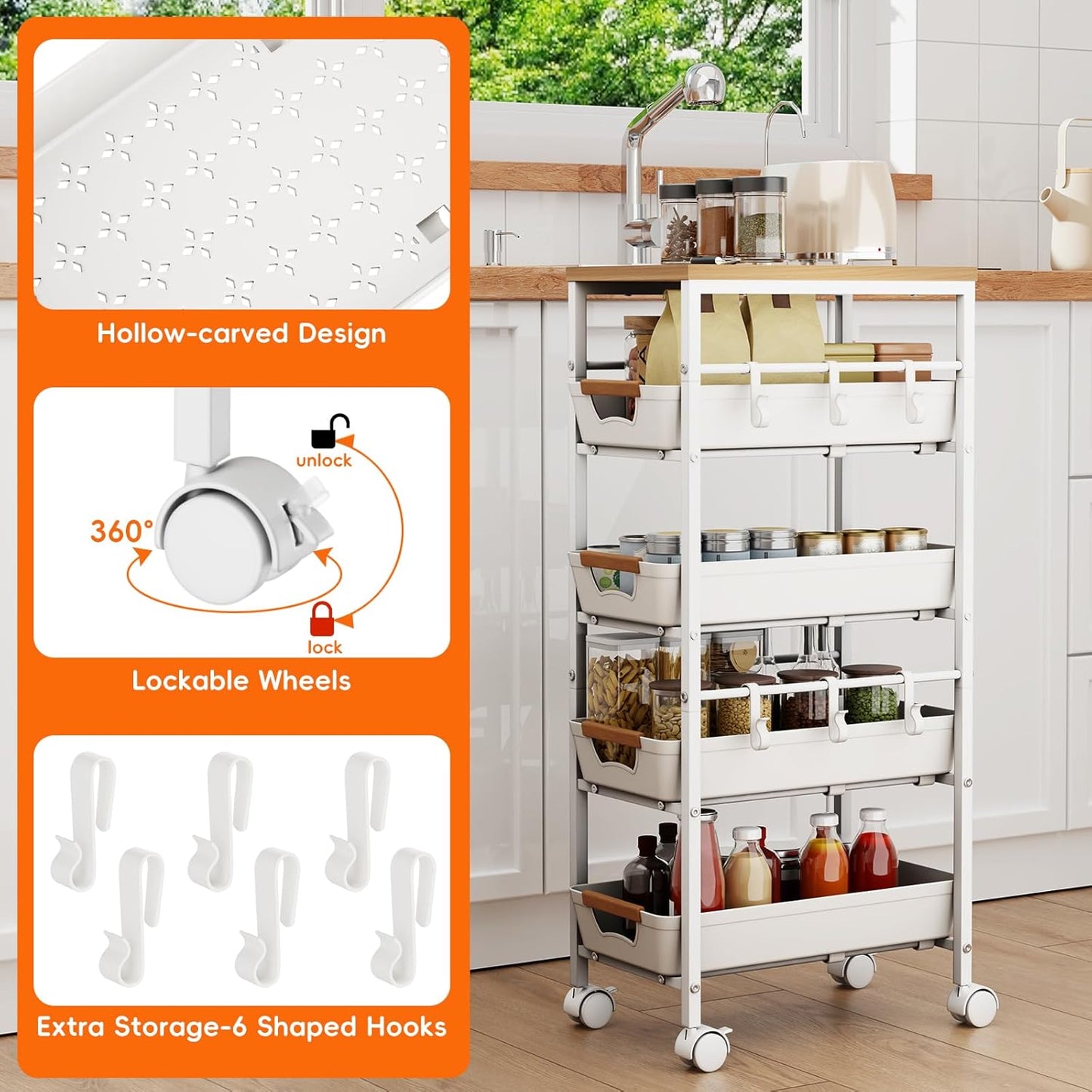 5-Tier Kitchen Storage Cart, Wood Top Rolling Cart Organizer with Pull-Out Baskets & Wheels, Metal Snack Cart with Holder for Fruit, Vegetable, Microwave, Kitchen, Pantry, White