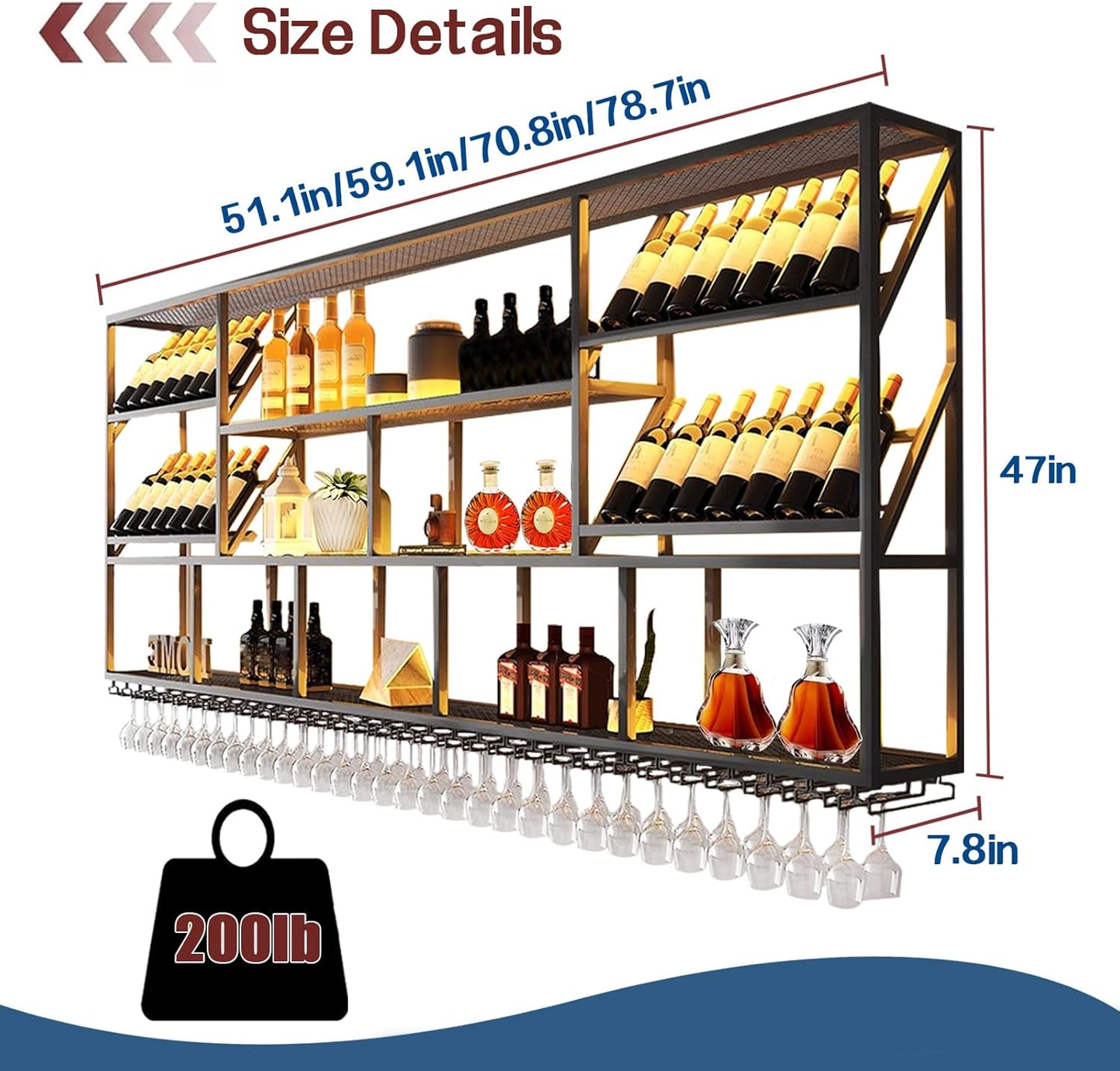 3 Tier Large Wine Rack Wall Mounted with Glass Holder, Black Modern Iron Liquor Shelf, 51.1 Inch Large Wine Bottle Display Shelf, for Kitchen Dining, Home Bar, Cellar (51.1" W)