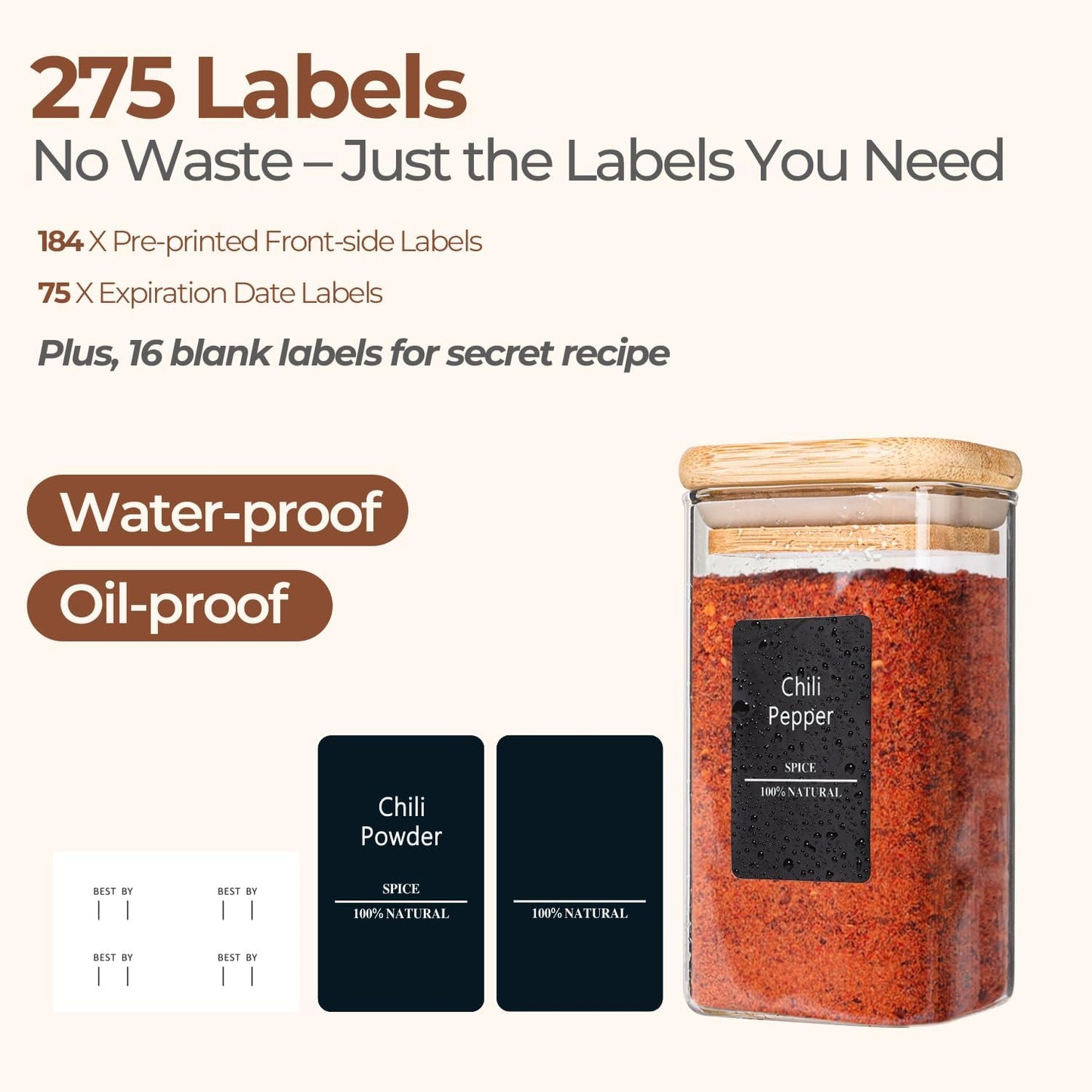 ComSaf 12Pcs Glass Spice Jars with Bamboo Lid, 10oz Airtight Square Containers with 275 Black Lables, Empty Seasoning Jars for Spice Salt Sugar