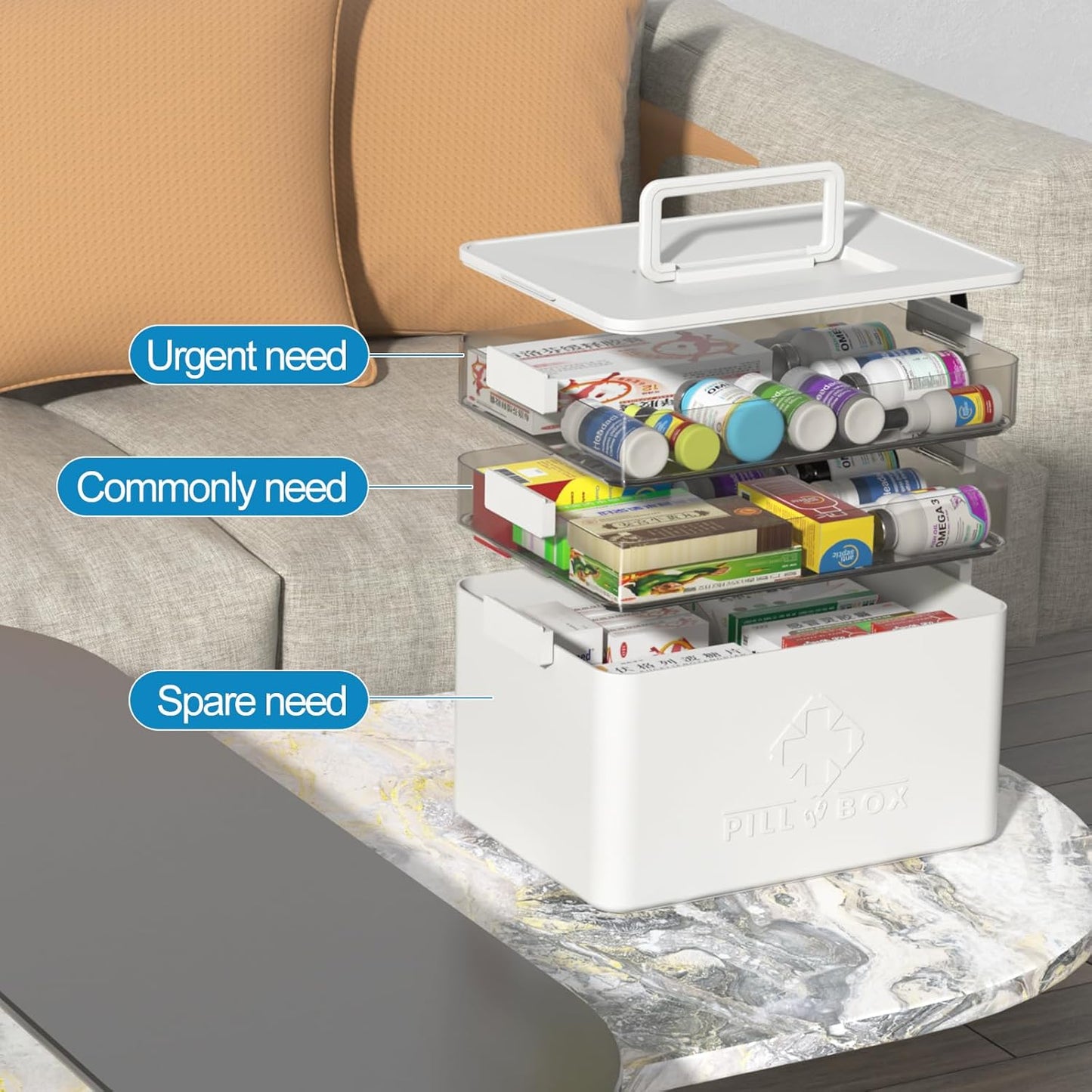 Morcte 3-Tier Medicine Organizer, Portable Medicine Cabinet with Handle, Empty First Aid Kit for Home/Travel