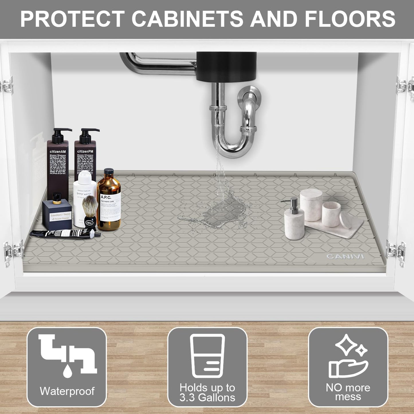 Under Sink Mat, 34" x 22" Waterproof Silicone Under Sink Tray for Kitchen & Laundry Cabinets, Kitchen Cabinet Shelf Protector, Up to 3.3 Gallons Liquid, Fits 36 inch Standard Cabinet(Grey)
