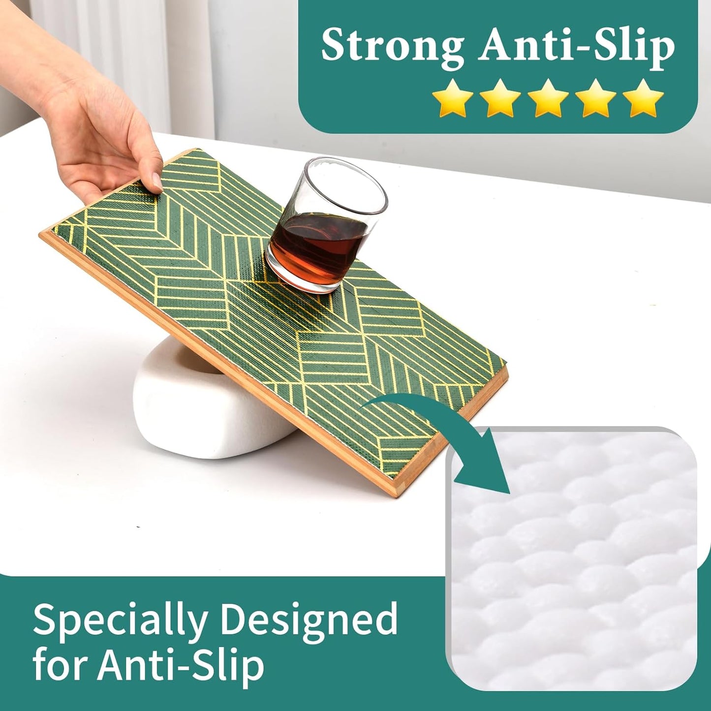 Shelf Liners for Kitchen Cabinets 17.5in x 30FT, Non Adhesive Cabinet Liner Strong Non-Slip Thickened Gold Green Geometric Drawer Liner, Easy to Clean for Shelf, Cabinet with Knife and Tape Measure
