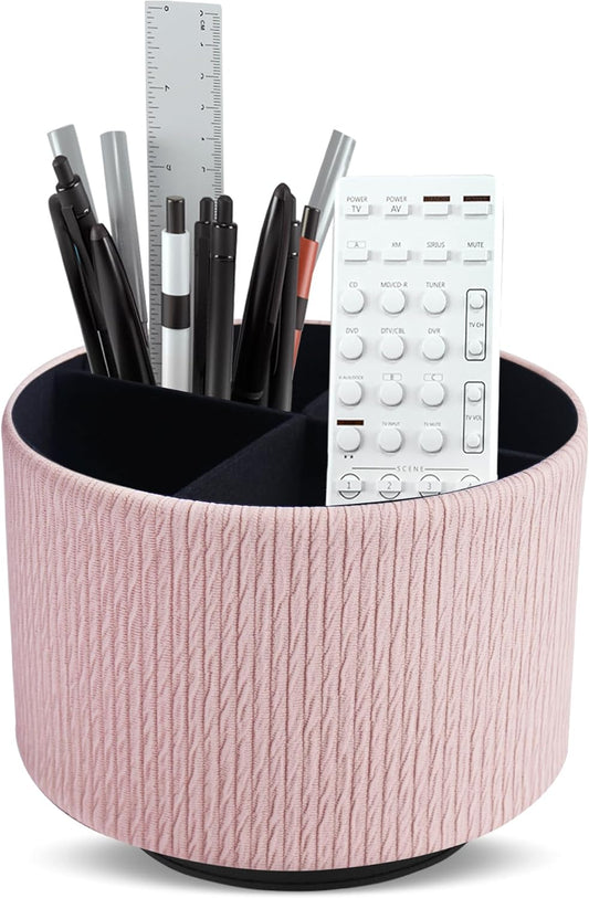 Round Leather Art Supply Organizer,Remote Control Holder,360 Degree Spinning,Multi-Functional Pencil Holder,4 Compartments Desktop Stationary Organizer(1-Wood Pink2)