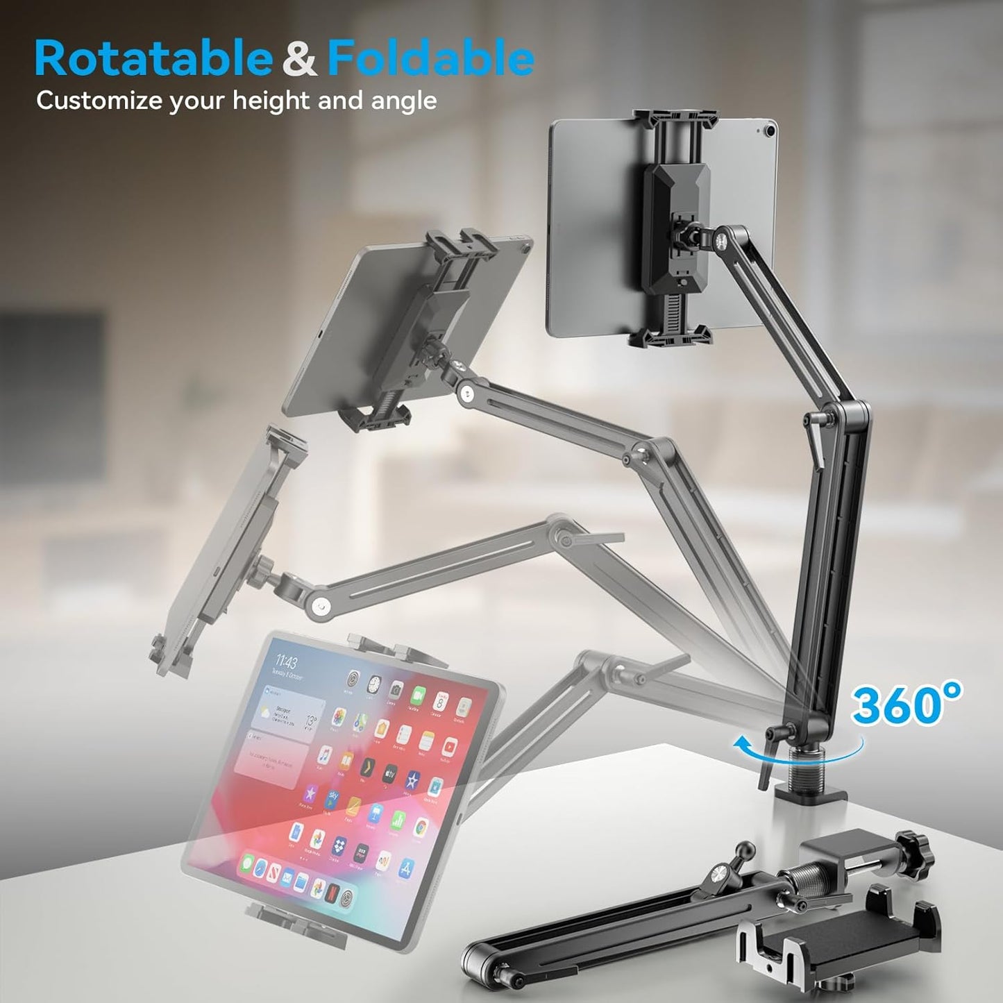 Adjustable Portable Monitor Stand 15.6" - 360° Rotating Base Tall Tablet Desk Arm Holder Stand for iPad Air/Pro/Mini Swivel Flexible Bed Clamp Mount Soporte para Tablet/Monitor Portatil/Ereader