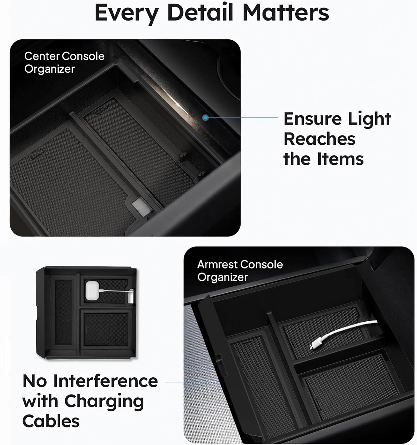 4PCS Upgraded Tesla Model Y Juniper (2024–2026) Accessories & Tesla Model 3 (2025 Highland) Accessories Center Console Organizer, Hidden Storage Box, Cup Holder, and Armrest Drawer Organizer